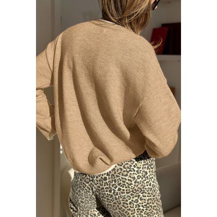 Tan Leopard Bow Decor Split Cuff Contrast Trim Sweater
