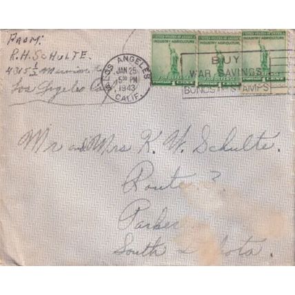 United States 1943 Los Angeles-Parker South Dakota Cover Los Angeles cancel VGC