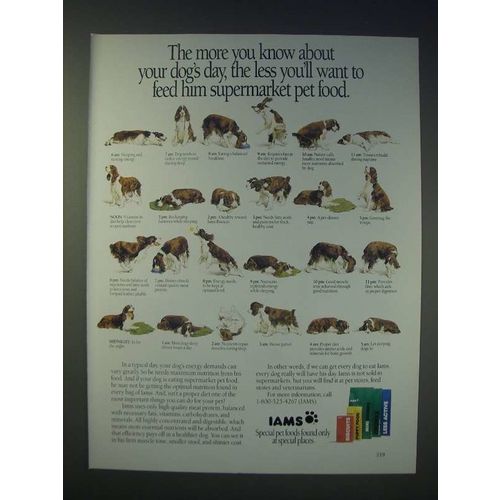 1989 Iams Pet Food Ad - The more you know about your dog's day