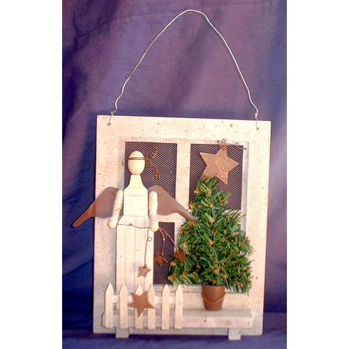 Painted Wood & Rusted Metal Angel With Tree & Stars Plaque Wall Hanging