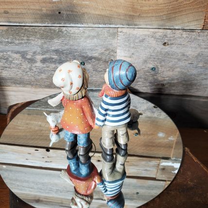 Figurine - Boy & Girl Walking dogs - Brisk Walk - Stocking Caps - Scarves
