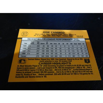 1989 Donruss Card # BC-05 Jose Canseco MVP Excellent-Mint (6) Oakland Athletics