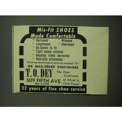 1949 T.O. Dey Shoe craftsman Ad - Mis-Fit Shoes made comfortable