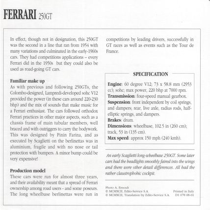 Collectors Club card. Classic Cars. Ferrari 250GT