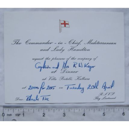 Invitation dinner Commander-in-Chief Mediterranean & Lady Hamilton, Malta