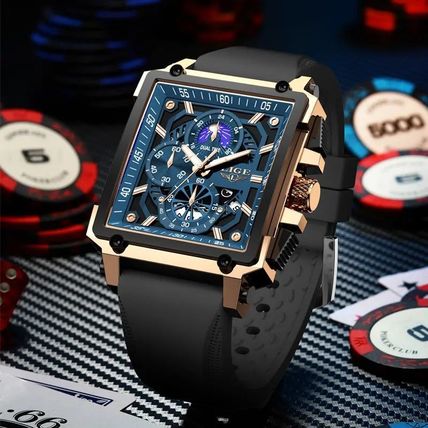 Gents Large Luxury Blue Square Chronograph Date Black Silicone Strap Watch Boxed