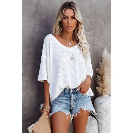 White Waffle Knit Drop Shoulder Loose Top