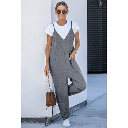 Gray Textured Sleeveless V-Neck Pocketed Casual Jumpsuit