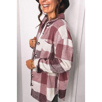 Plaid Color Block Buttoned Long Sleeve Jacket with Pocket