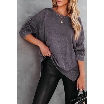 Gray Waffle Knit Side Slit Pullover Top