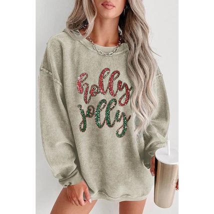 Green Sequined holly jolly Graphic Corded Sweatshirt
