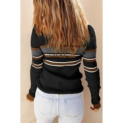 Black Rib Knitted Stripe Detail Henley Sweater