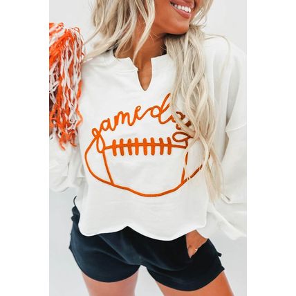 Bright White Game Day Lettering Rugby Notched Neck Sweatshirt