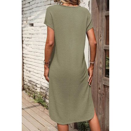 Jungle Green Waffle Texture Curved Hem Side Slit T-shirt Dress