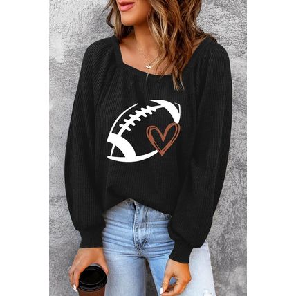 Black Rugby Print Square Neck Puff Sleeve Waffle Top