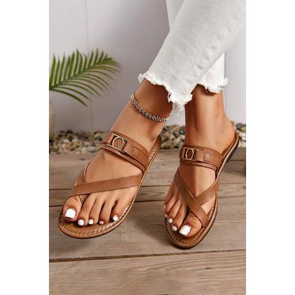Chestnut Cross Toe Metal Buckle Leathered Flat Slippers