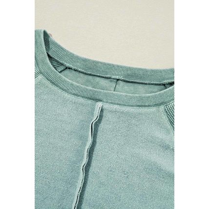 Mineral Blue Waffle Knit Patchwork Exposed Seam Raglan Sweatshirt