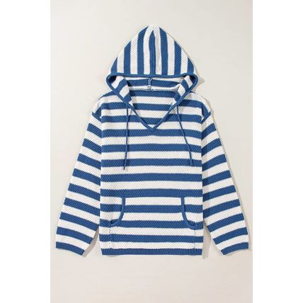 Blue Stripe V Neck Pocketed Drawstring Hooded Sweater