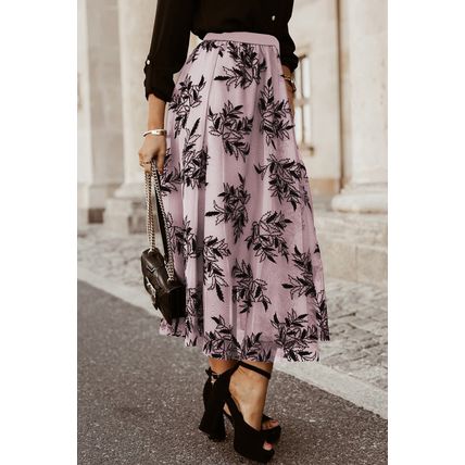 Peach Blossom Floral Leaves Embroidered High Waist Maxi Skirt