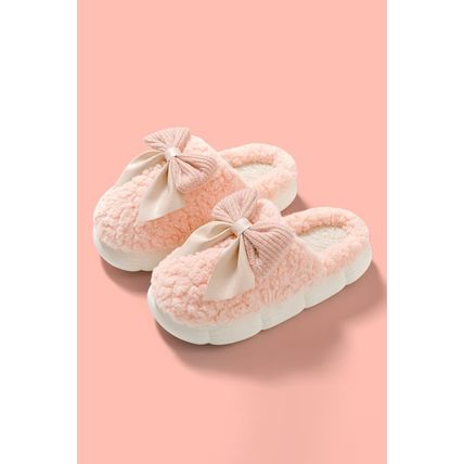Pink Contrast Bowknot Applique Plush Winter Slippers
