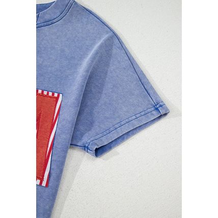 Sky Blue USA Patch Mineral Wash Notch V Neck Vintage Graphic T Shirt