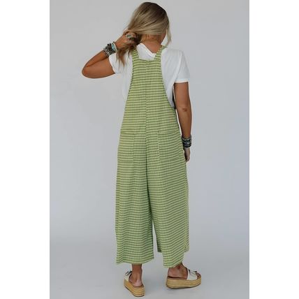 Green Gingham Wide Leg Loose Overall with Pockets