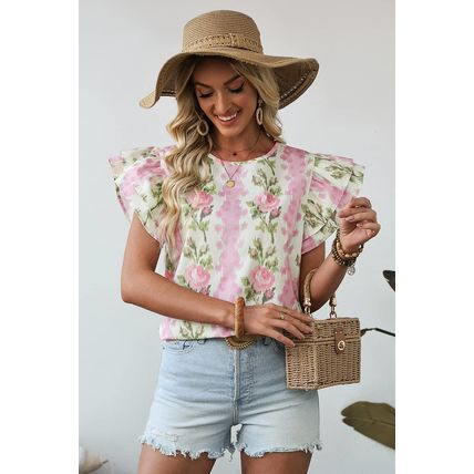 Pink Floral Print Ruffled Sleeve Summer Top