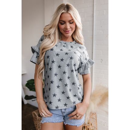 Gray Star Print Tiered Ruffled Sleeve Crew Neck T Shirt