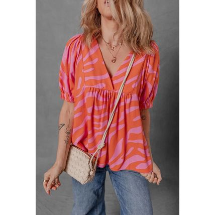 Orange Zebra Stripe Print Ruched Cuff Half Sleeve V Neck Blouse