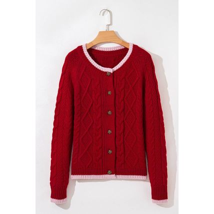 Racing Red Color Contrast Edge Cable Knit Buttoned Cardigan