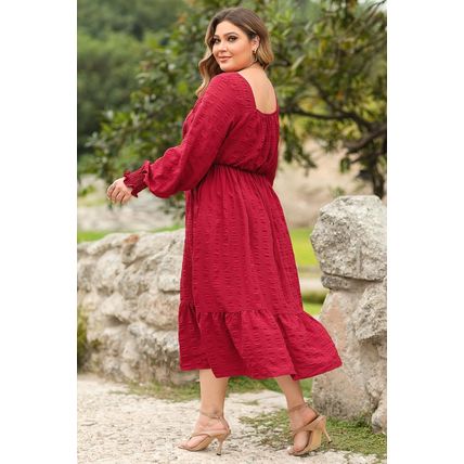 Fiery Red Lace-up Ruched Front Long Sleeve Ruffle Hem Plus Size Midi Dress