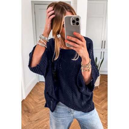 Navy Blue Hollow Out Knit 7/8 Sleeve Casual Sweater