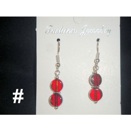 Delicate small silver plated round red glass hook earrings