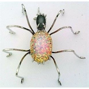 Vintage Opal Glass Spider Stainless Wire Wrap Pin Brooch 14