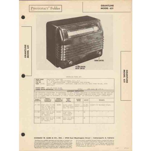 GRANTLINE model 651 5 tube AM radio receiver Sams Photofact manual