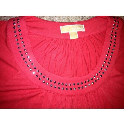 Michael Kors Blouse Women Pink-Coral Jewelry Beaded Neckline Short Sleeve Size L