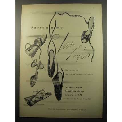 1950 Lord & Taylor Ferragamo Shoes Ad - The raffias of the Italian master