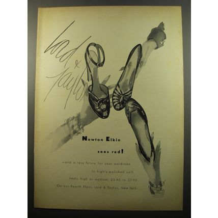 1950 Lord & Taylor Newton Elkin Shoes Ad - Newton Elkin sees red!
