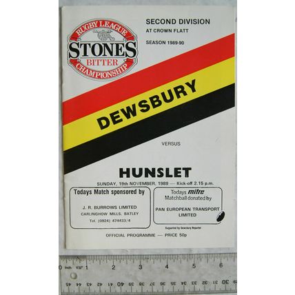 1989 programme Dewsbury v. Hunslet