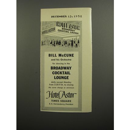 1952 Hotel Astor Ad - Bill McCune and his Orchestra