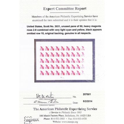 3031 Color Variety, Mint NH Stamp With APS Certificate * Stuart Katz