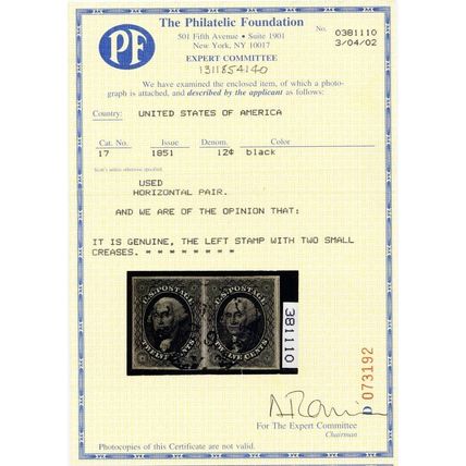 17, Used XF-Superb 12¢ Pair With PFC Certificate "READ CERT" * Stuart Katz