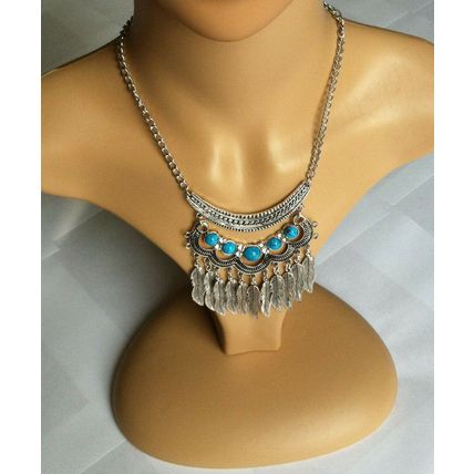 New Silver Feather Bib Statement Chain Necklace & Earring Set Turquoise Beads