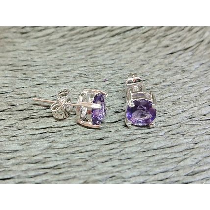 Silver Plated Round Cut Purple Amethyst 6mm Stud Earrings
