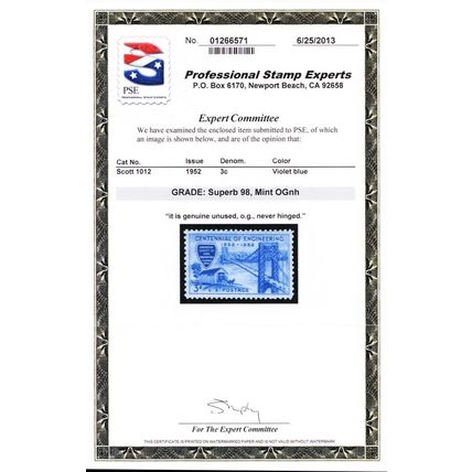 1012, Mint Superb NH 3¢ - PSE Graded 98 Certificate - Stuart Katz