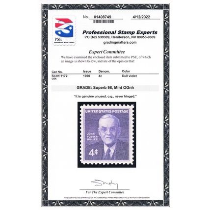 1172, Mint Superb NH 4¢ - PSE Graded 98 Certificate - Stuart Katz