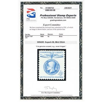 1147, Mint Superb NH 4¢ - PSE Graded 98 Certificate - Stuart Katz