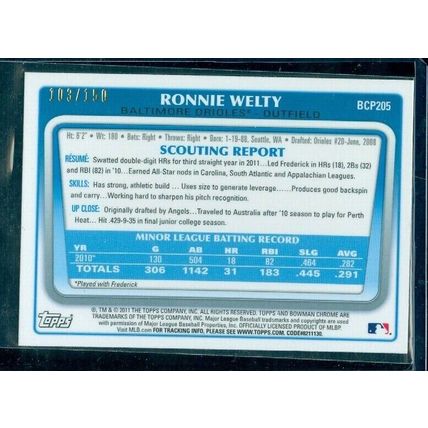 2011 Bowman Chrome Prospects Blue Refractors #BCP205 Ronnie Welty 103/150
