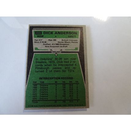 1975 Topps Football Card # 440 Dick Anderson VG-Ex (4) Miami Dolphins