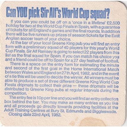 BEER MAT - GREENE KING BREWERY - WORLD CUP FIESTA - (Cat No 087) - (1982)